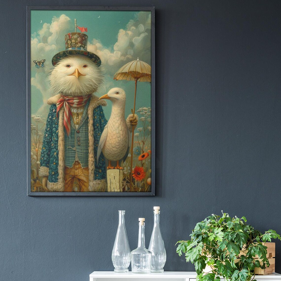 Dressed Chicken With Umbrella And Goose Vintage Style Animal Poster