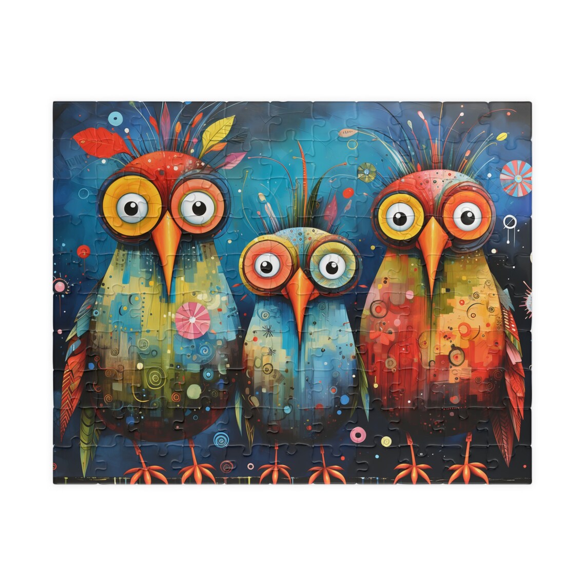 Three Colorful Whimsical Owls With Big Googly Eyes Mosaic Art Poster - Image 2