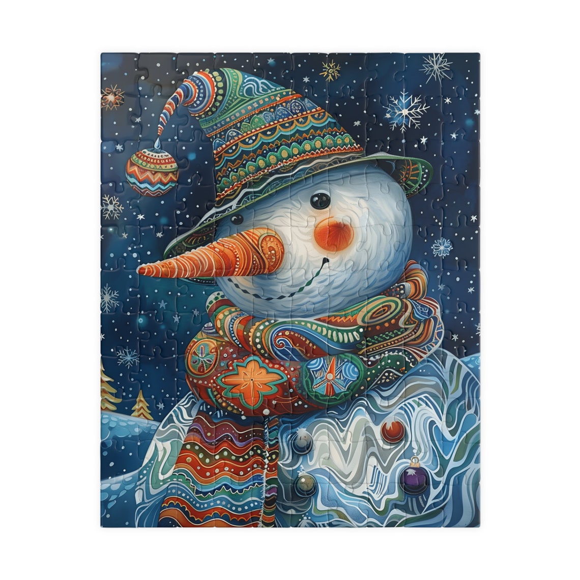 Snowman Under Starry Night Sky With Ornate Hat Winter Art Poster - Image 5