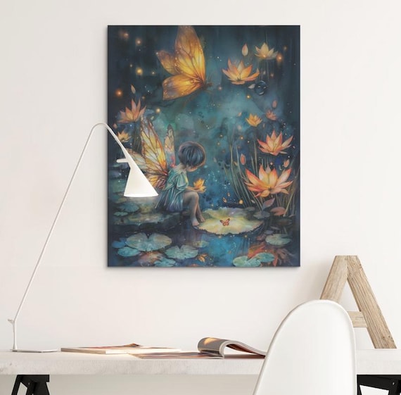 Water Lily Fairy With Butterfly Over A Glowing Night Pond Art Poster