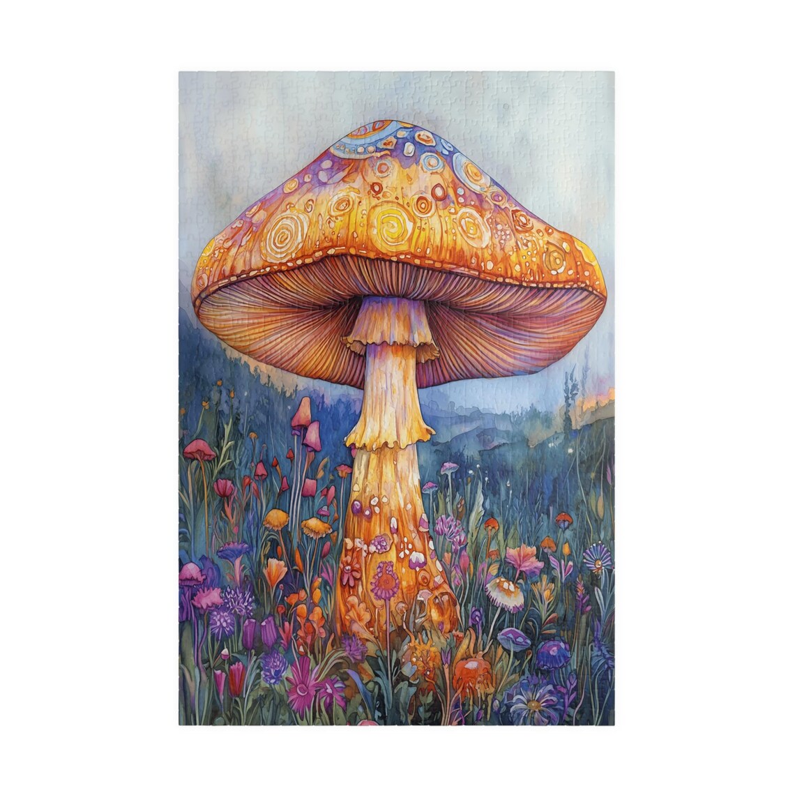 Giant Ornate Orange Mushroom With Swirl Patterns In Flower Meadow Poster - Image 3
