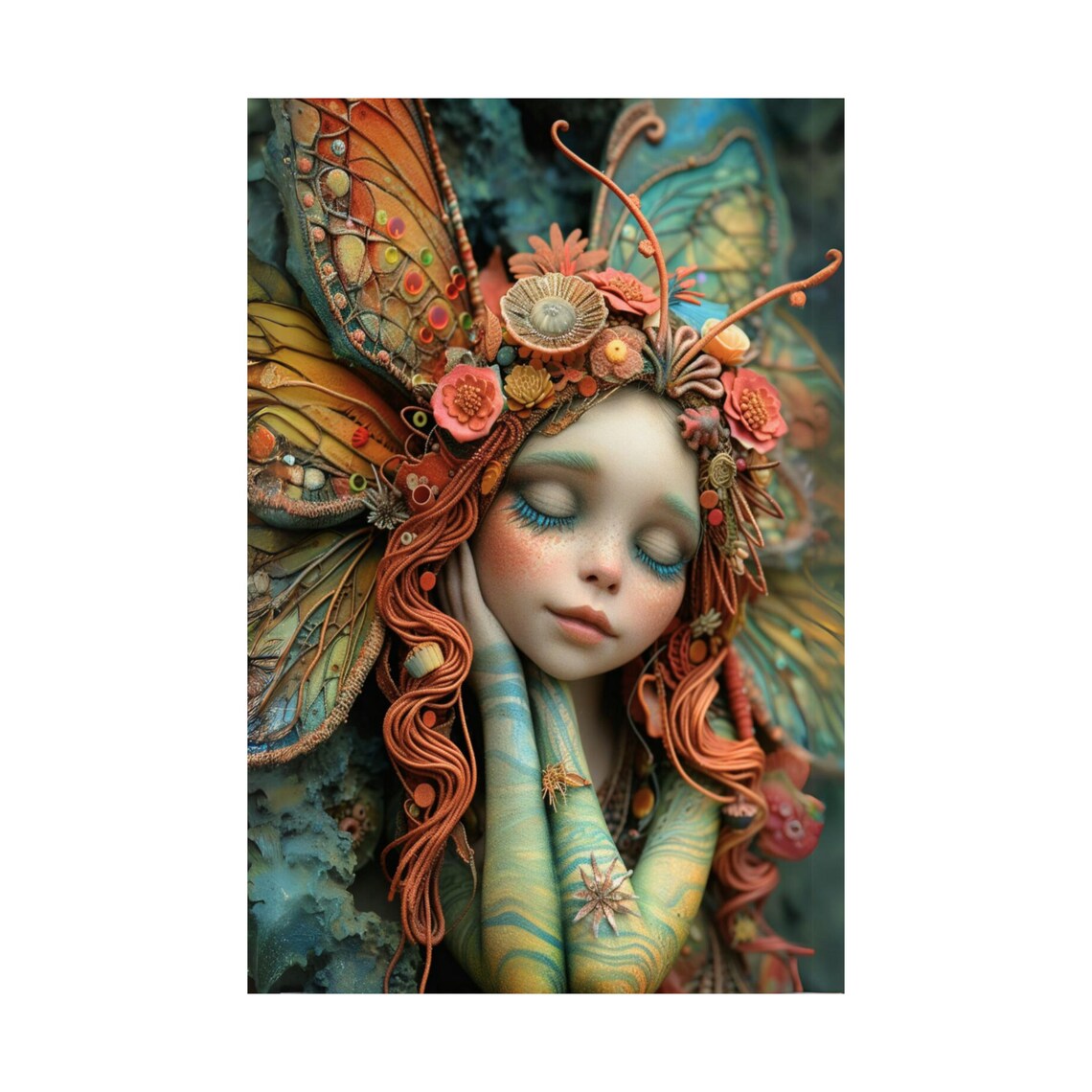Dreamy Sleeping Fairy With Butterfly Wings Floral Fantasy Wall Art - Image 3