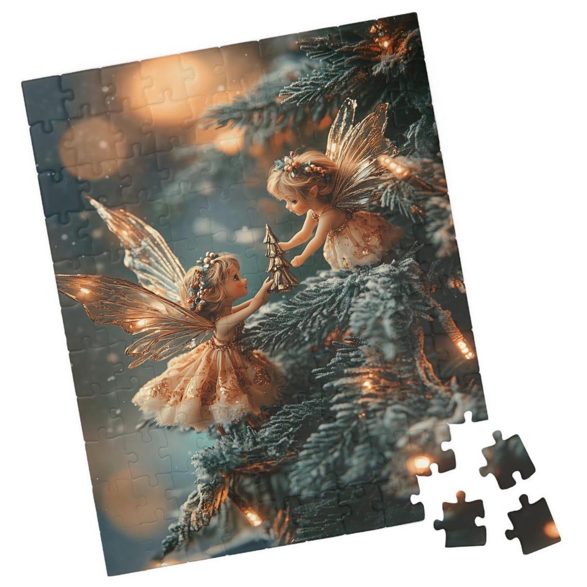 Two Tiny Fairies Hanging An Ornament On A Snowy Tree Art Print