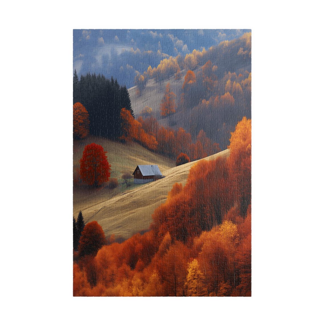 Autumn Mountain Cabin Surrounded by Fiery Red Fall Foliage Print - Image 3