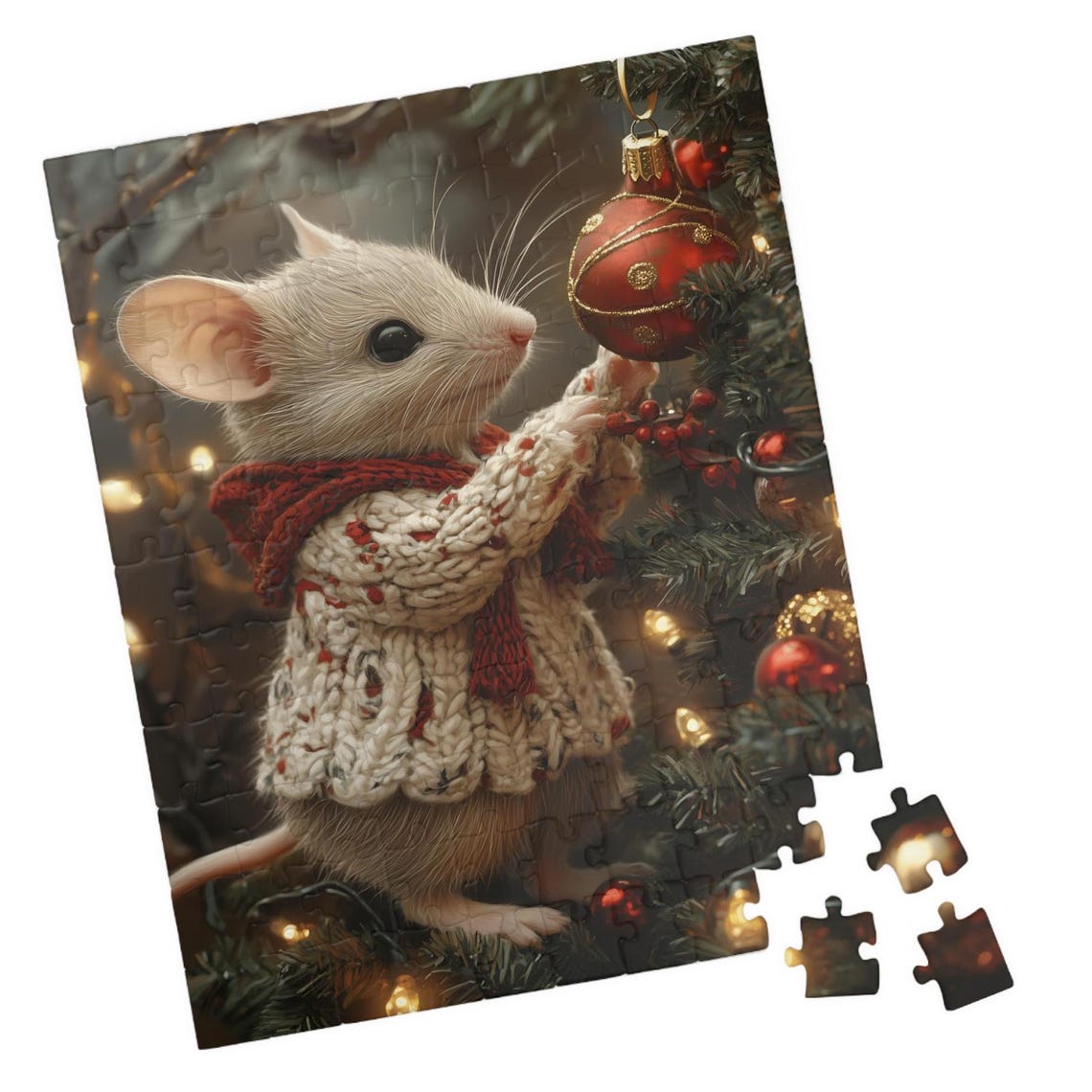 White Mouse in a Knit Sweater Decorating a Christmas Tree Print