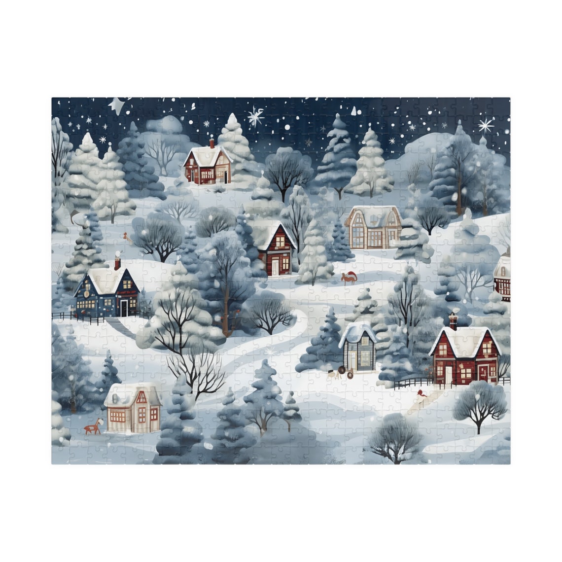 Snowy Winter Village Cabins Starry Night Pine Forest Art Poster - Image 5