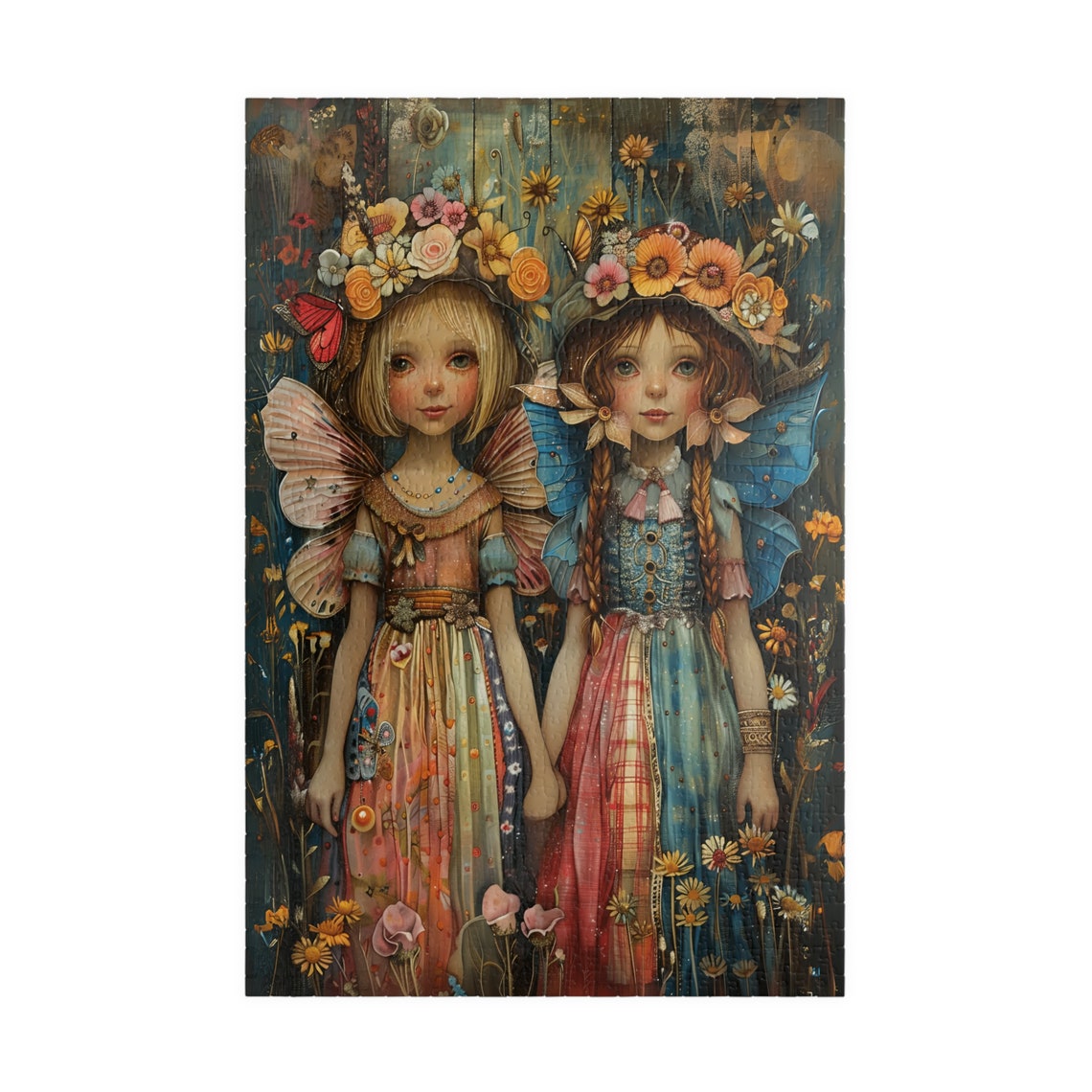 Country Fairy Sisters Holding Hands Flower Crowns Folk Art Poster - Image 3