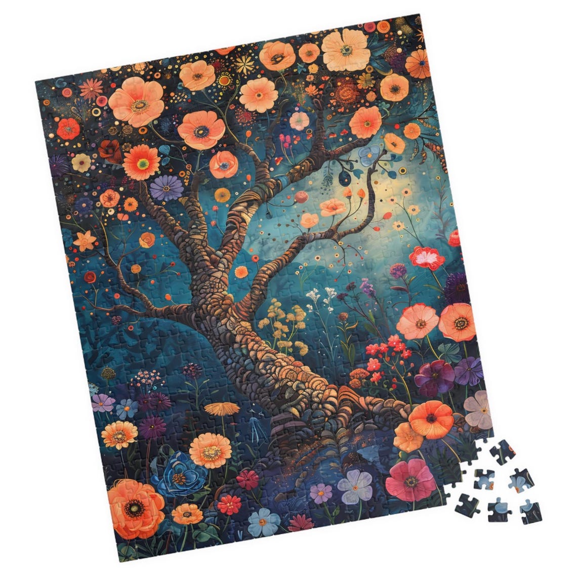 Vibrant Tree of Life Blooming Orange Flowers Night Sky Poster