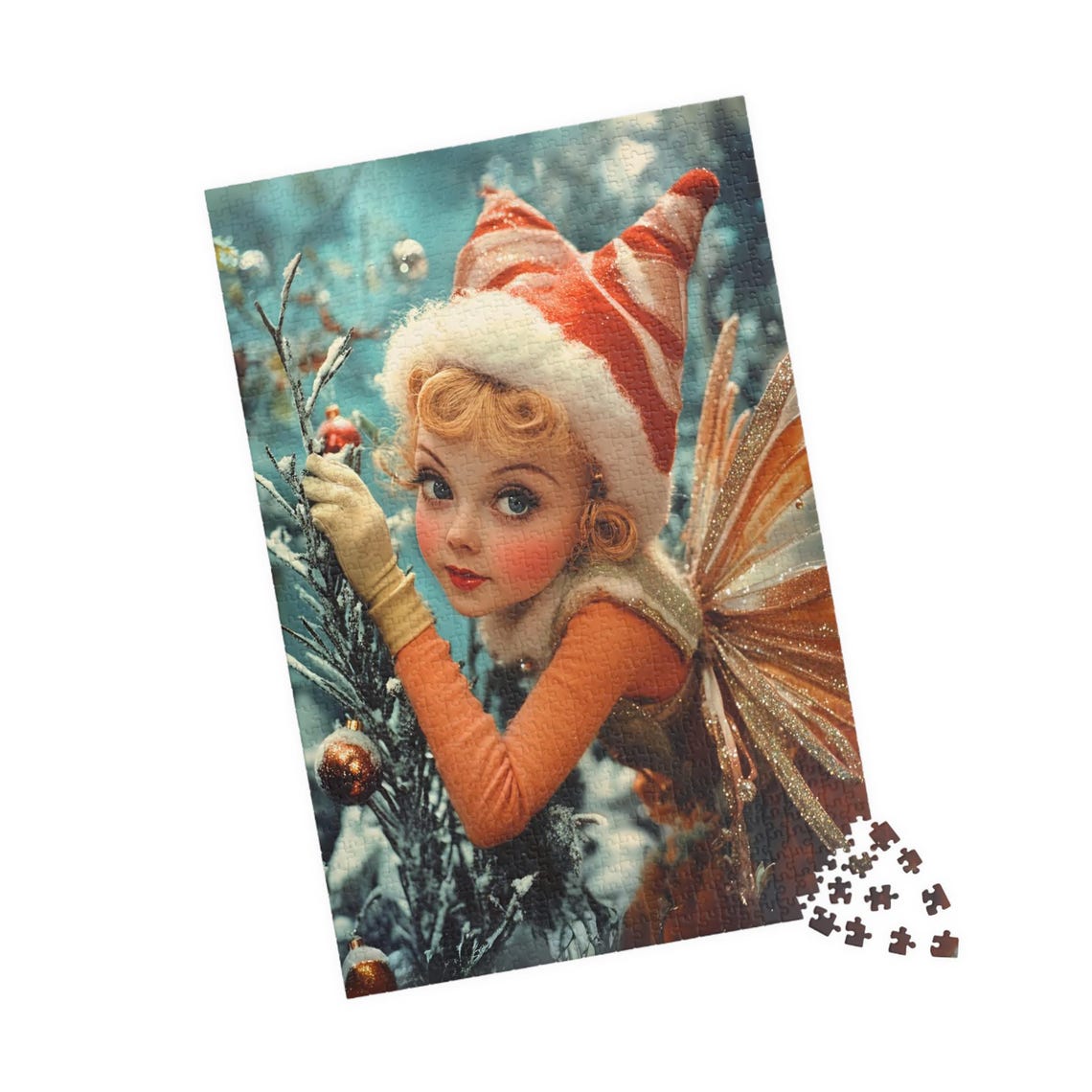 Vintage Fairy With Red And White Striped Hat In Snow Art Print - Image 4