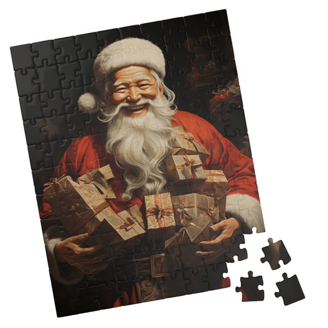 Asian Santa Claus Smiling with Wrapped Gifts Festive Art Poster