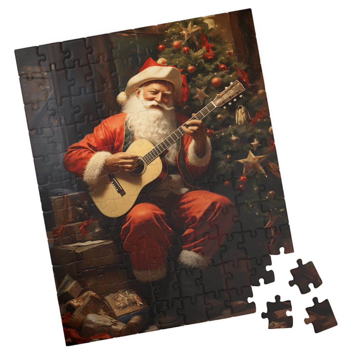Festive Santa Claus Playing Guitar Beside Christmas Tree Art Poster