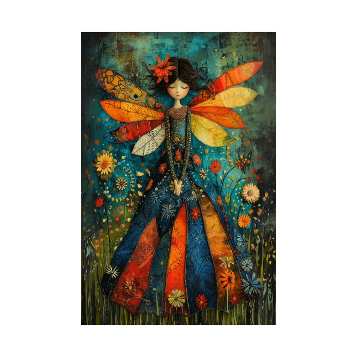 Patchwork Folk Fairy With Colorful Wings Wildflower Art Poster - Image 3