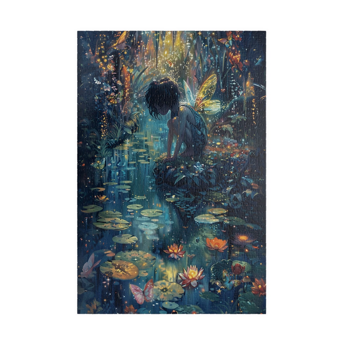 Crouching Fairy By Sparkling Lily Pond At Night Magic Art Poster - Image 3