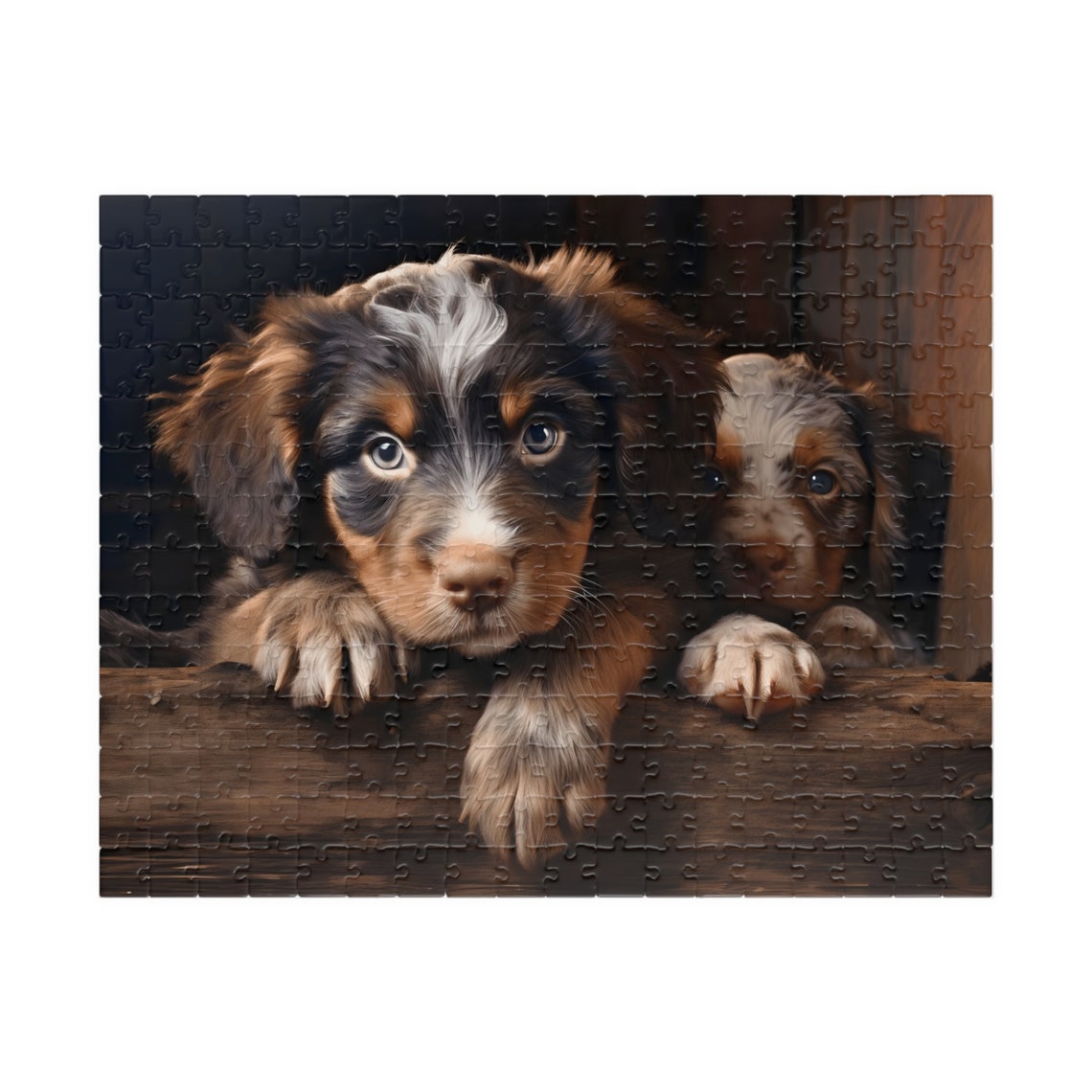 Two Cute Puppies Peeking Over a Rustic Wooden Edge Art Poster - Image 2