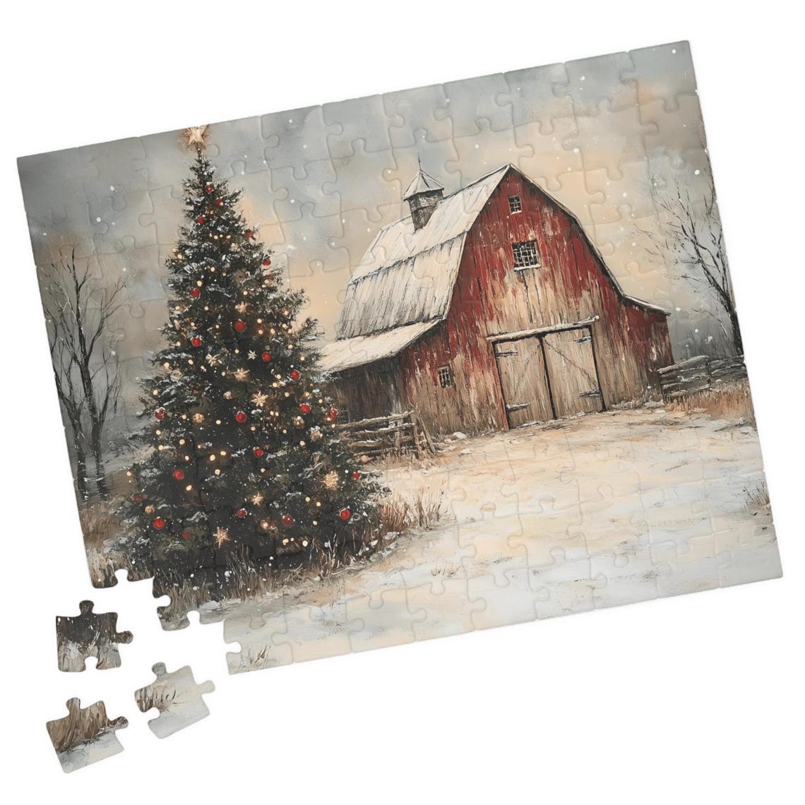 Red Barn With A Decorated Christmas Tree In A Snowy Field Art Print