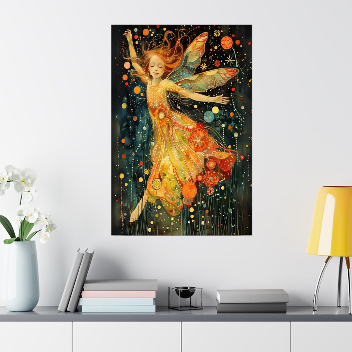 Pair of Dancing Fairy Girls in Golden Dresses Night Garden Poster - Image 5