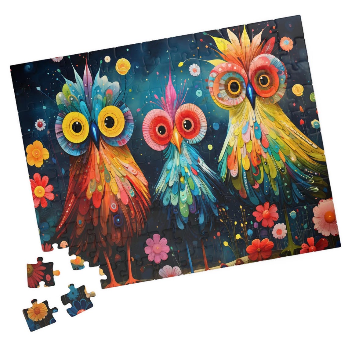 Three Whimsical Colorful Owls Fantasy Night Bird Scene Poster