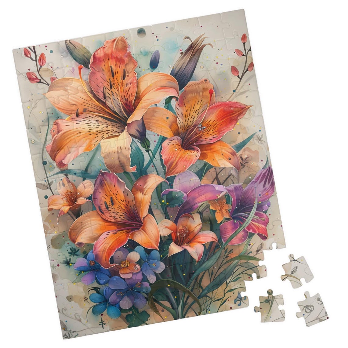 Luminous Watercolor Bouquet of Orange and Purple Lilies Poster