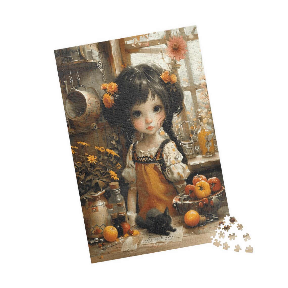 Little Girl in Rustic Fall Kitchen with Black Kitten and Harvest Poster - Image 4