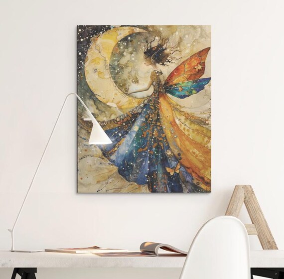 Fairy Dancing with a Crescent Moon Starry Night Watercolor Poster