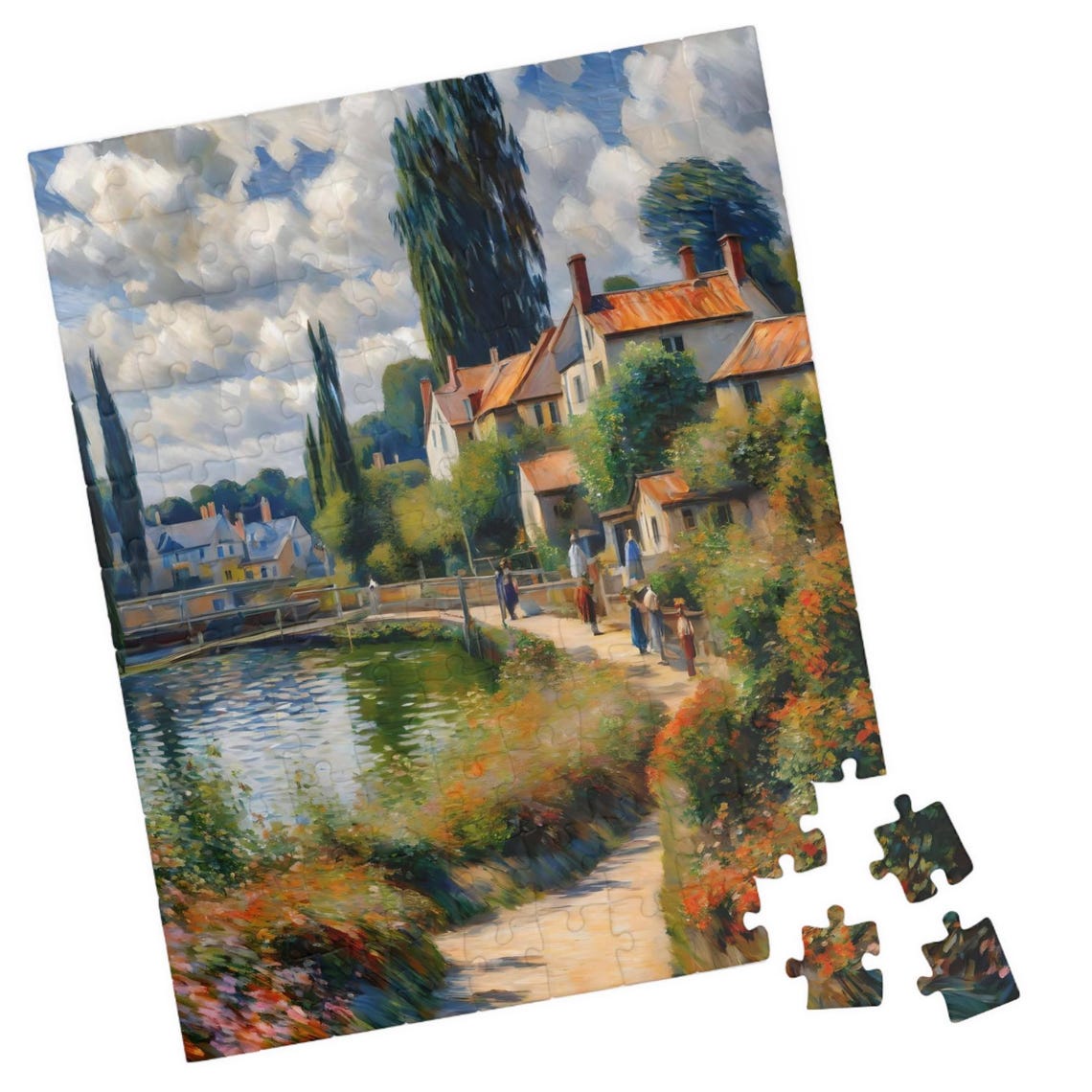 Impressionist Lakeside Village Red Roof Cottages Riverside Path Poster
