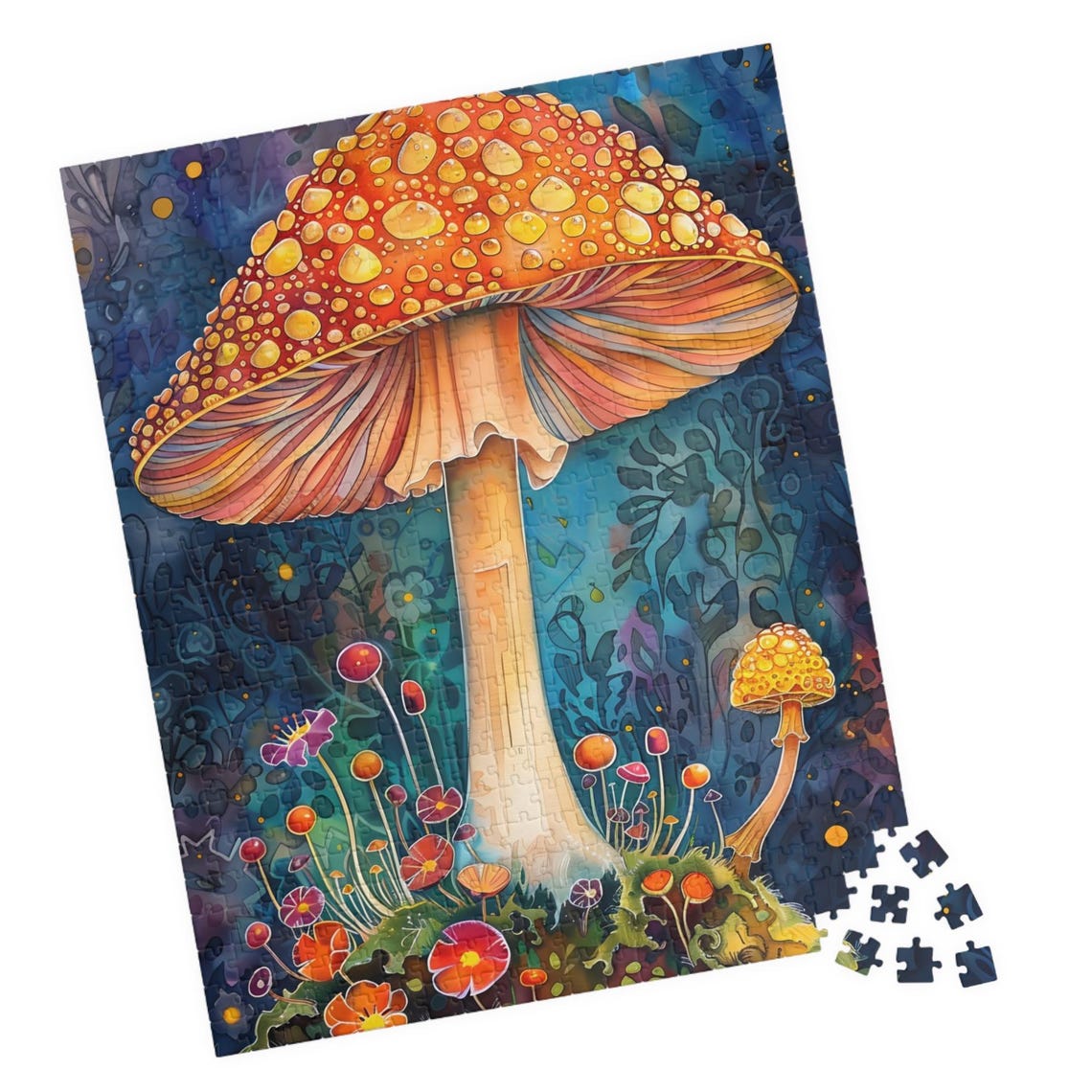 Giant Orange Spotted Mushroom in Magical Watercolor Forest Poster