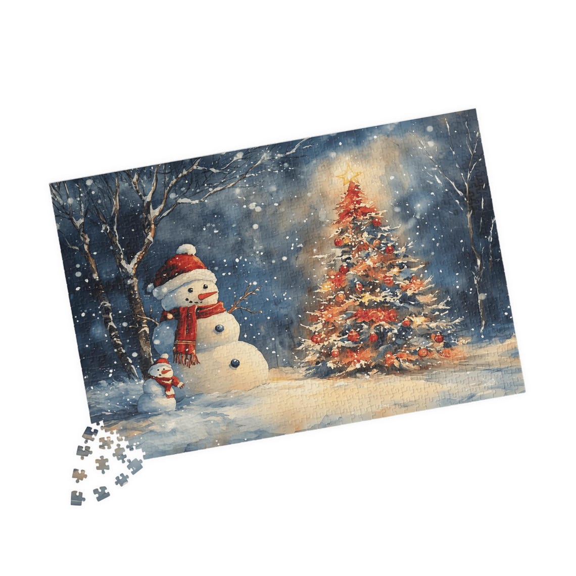 Two Snowmen Beside A Decorated Christmas Tree At Night Art Print - Image 4