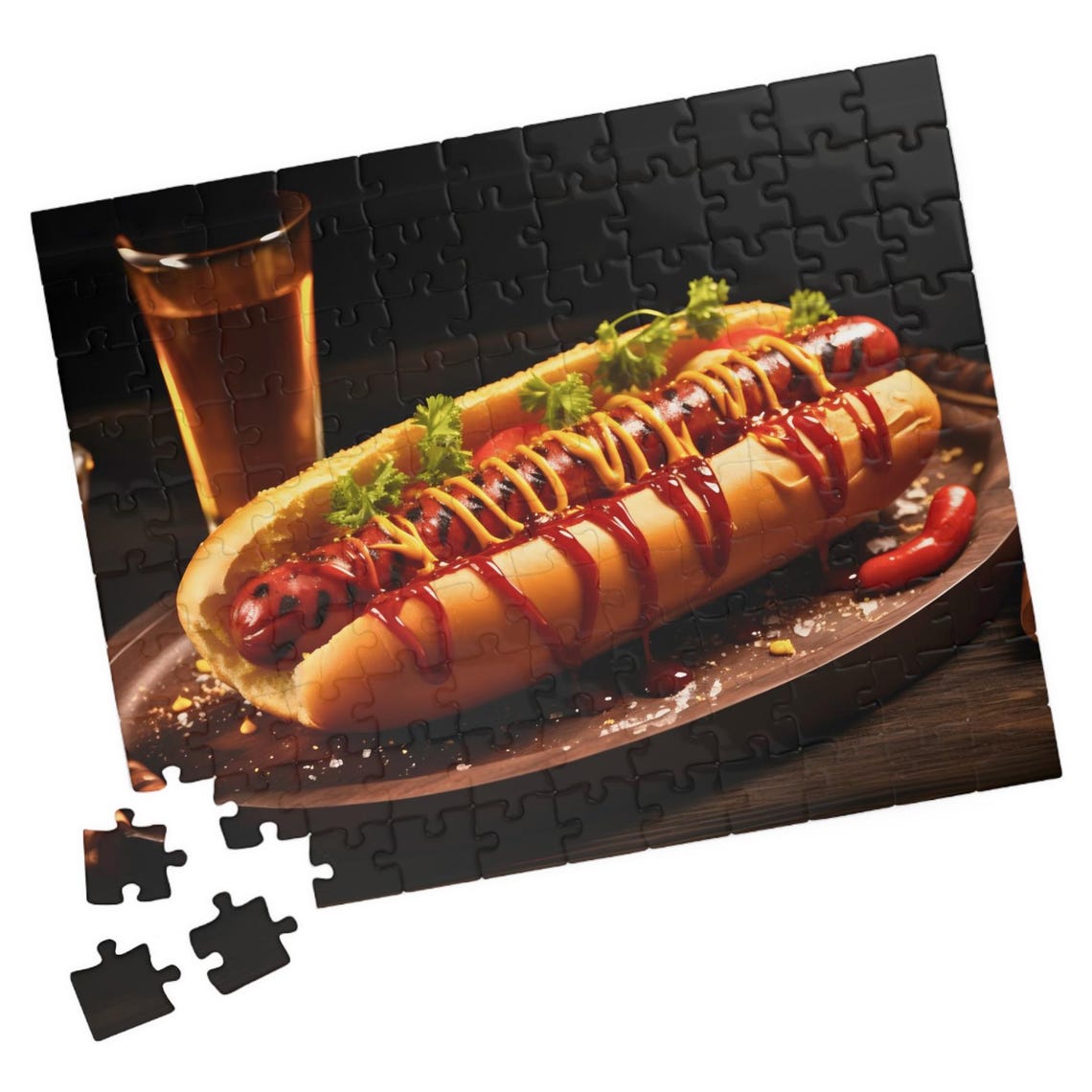 Gourmet Loaded Hot Dog with Mustard Ketchup and a Cold Beer Poster