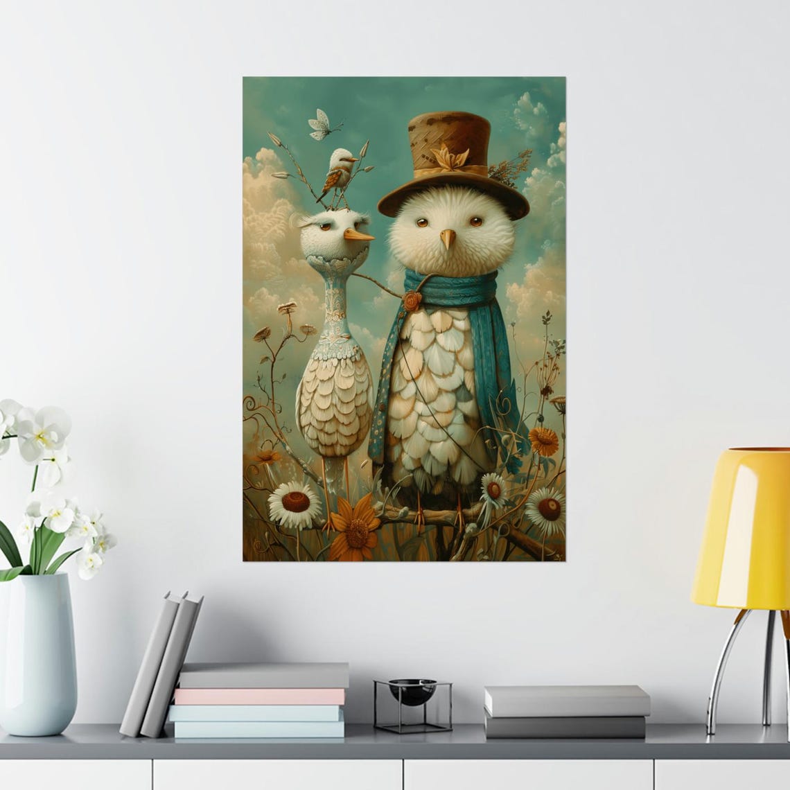 Aristocrat Bird Couple In The Country Art Printposter Fancy Birds In A Field Fantasy Wall Art Decor For Office Familyroom Bathroom