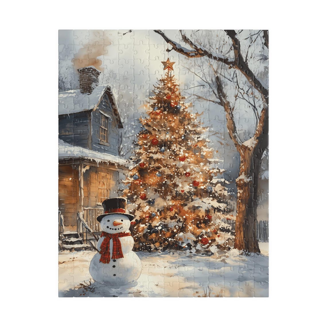 Snowman By A Glowing Christmas Tree Near A Snowy Cabin Art Print - Image 5