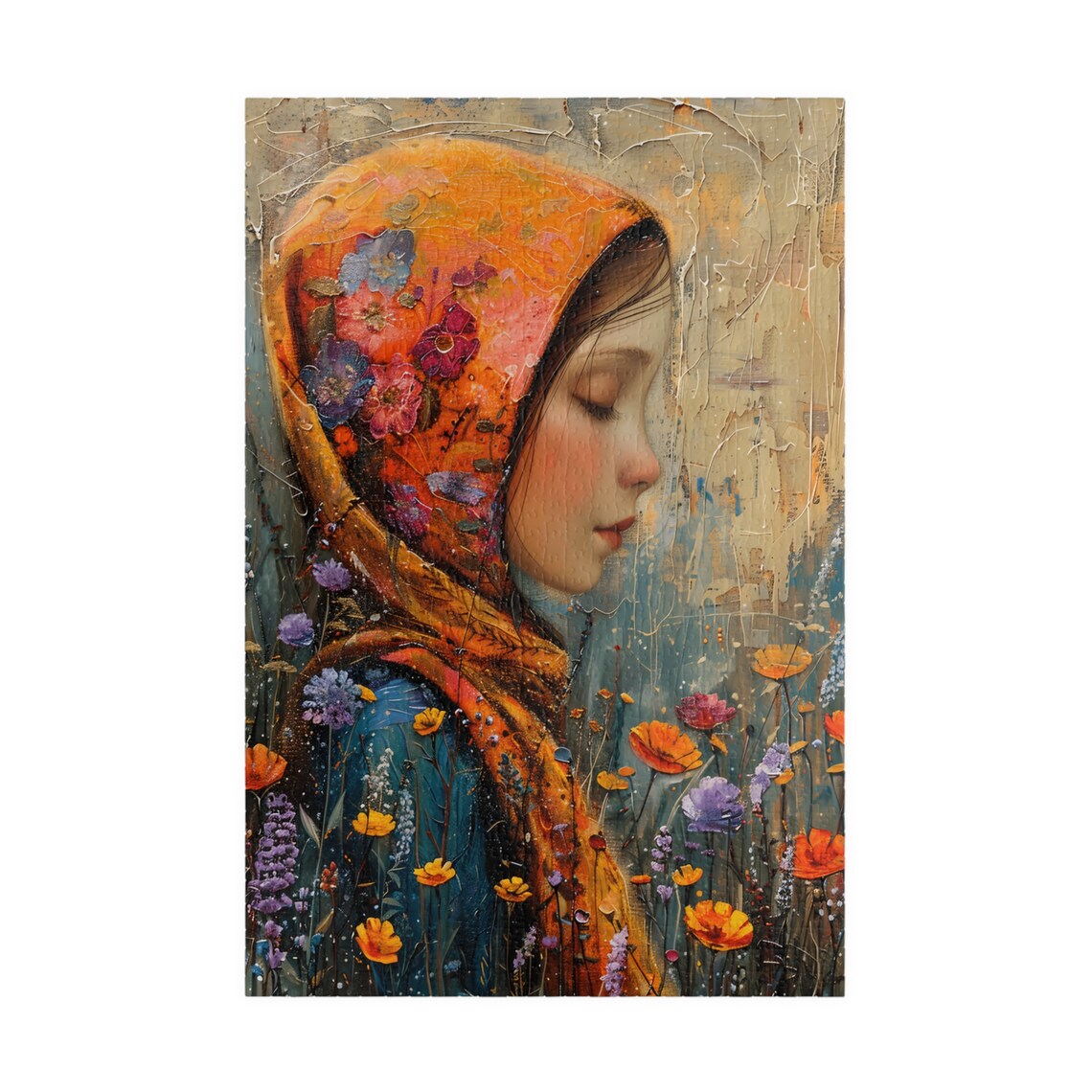 Portrait of a Girl in an Orange Floral Scarf Textured Art Poster - Image 3