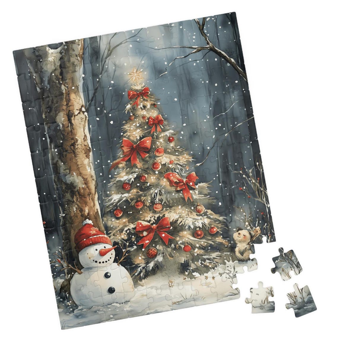 Smiling Snowman Beside A Christmas Tree In A Snowy Forest Poster