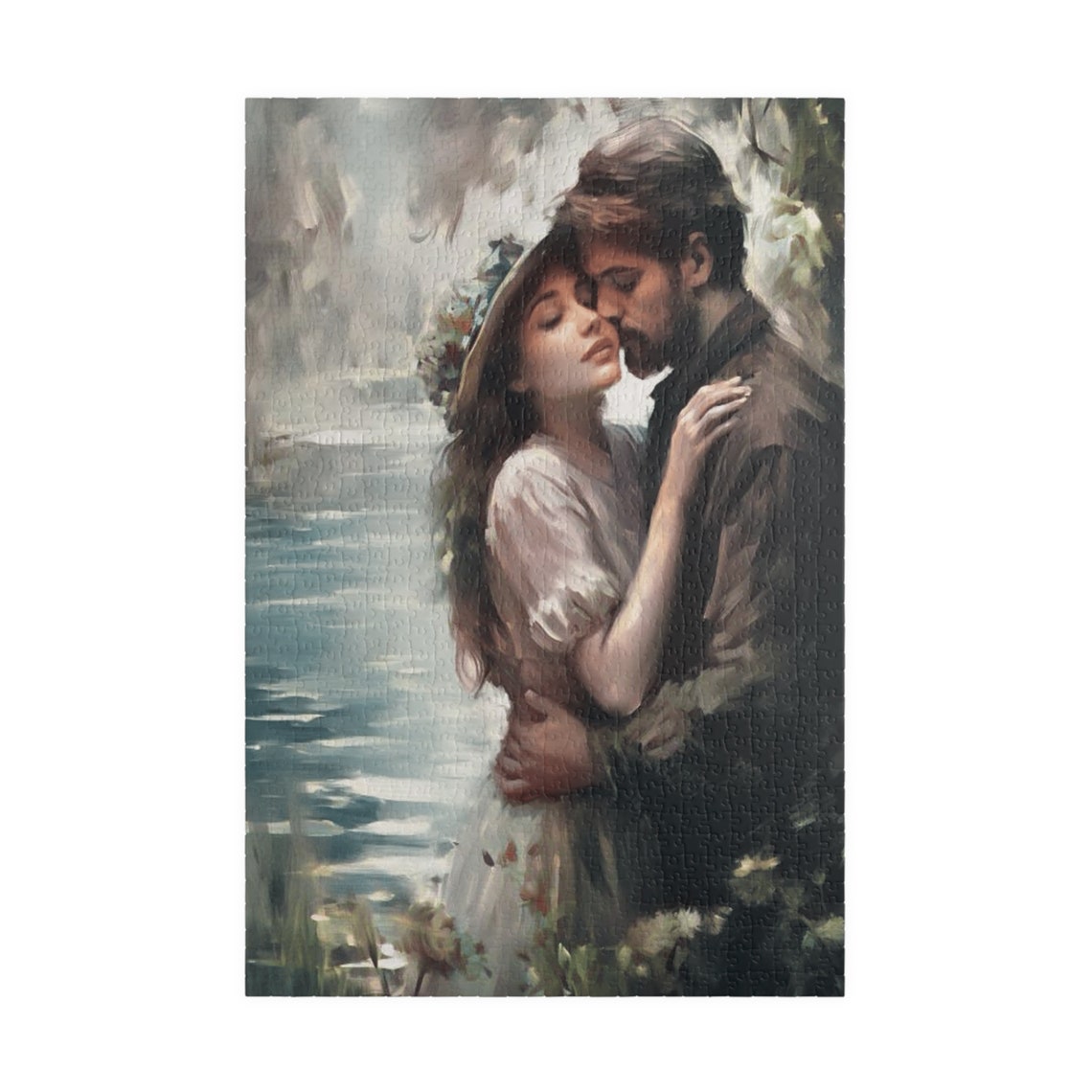 Tender Romantic Couple Sharing An Embrace By Water Art Poster - Image 3