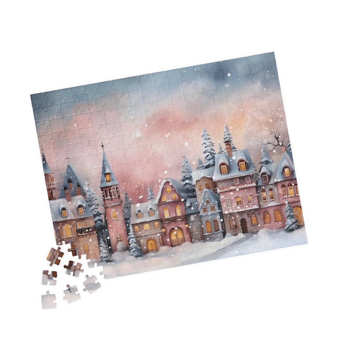 Charming Pastel Snowy European Winter Town Glowing at Dusk Poster - Image 5