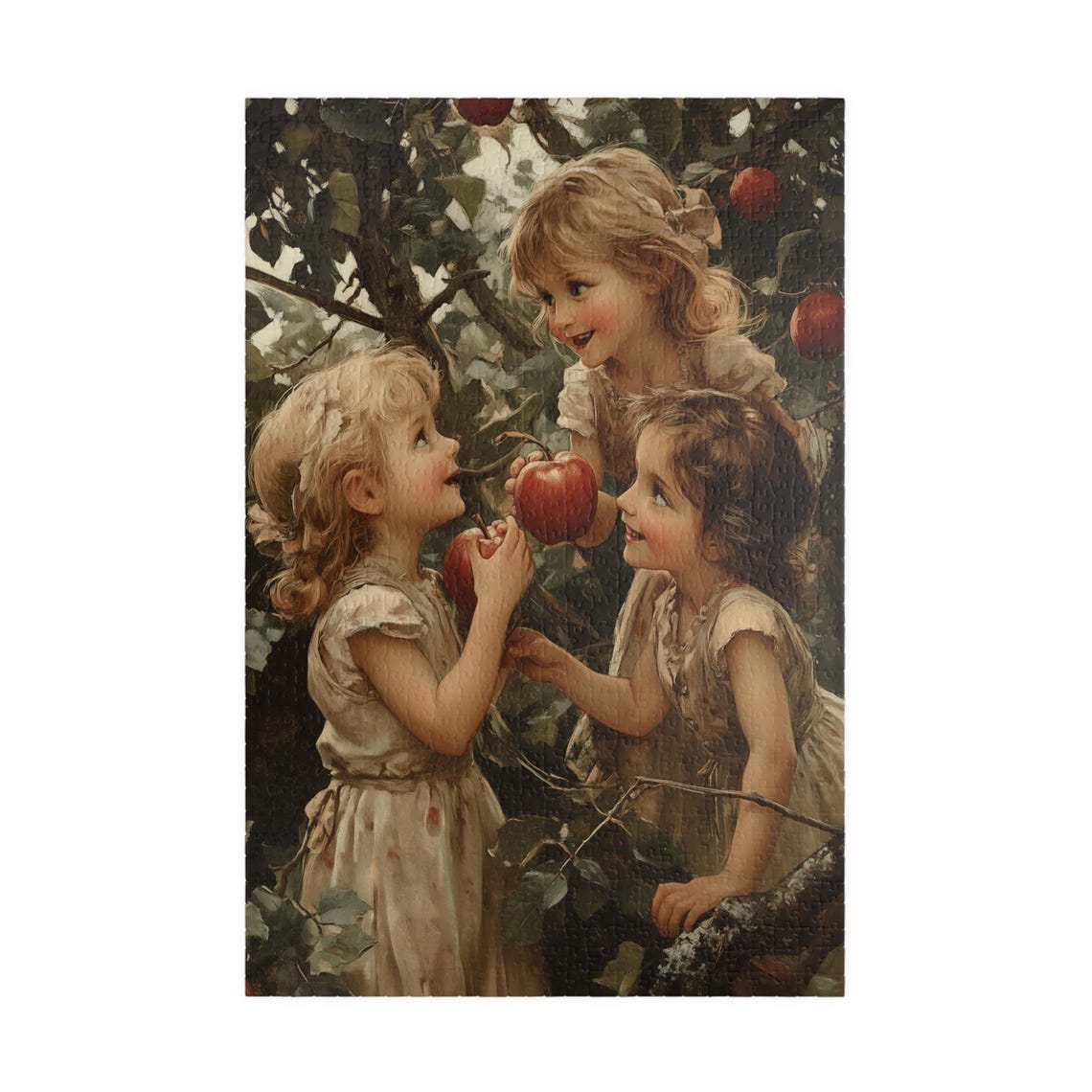 Three Children Picking Apples in Vintage Orchard Retro Art Poster - Image 3