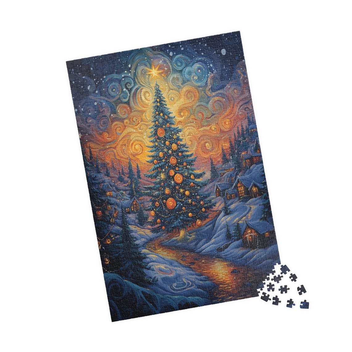Whimsical Christmas Tree in Snowy Village Swirling Night Sky Poster - Image 4