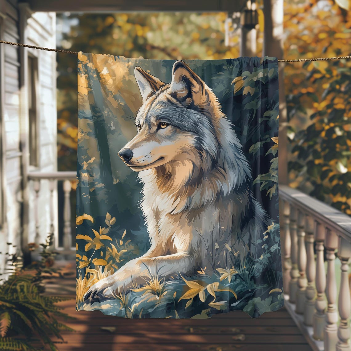 Majestic Wolf Standing in a Golden Autumn Forest Scene Poster
