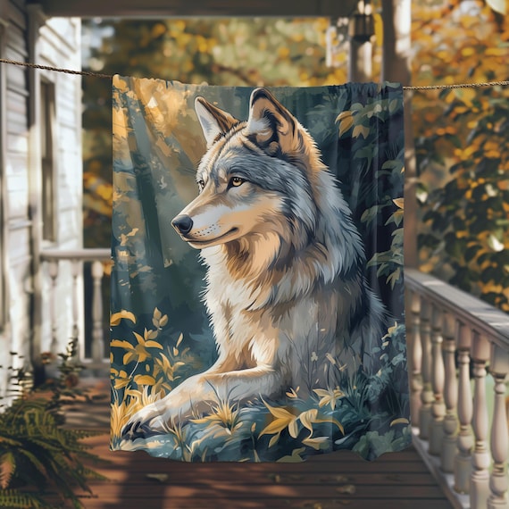 Majestic Wolf Standing in a Golden Autumn Forest Scene Poster