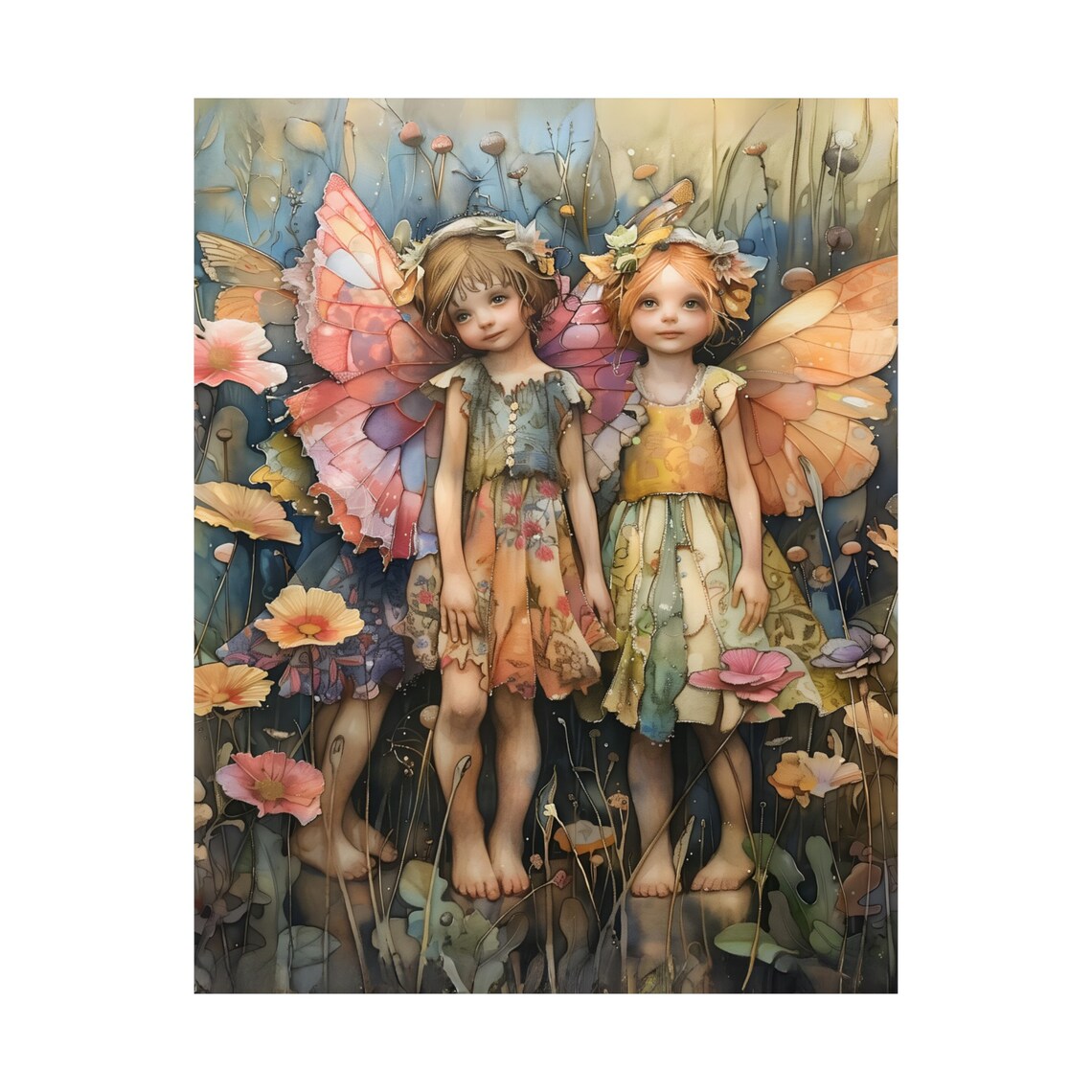 Three Little Pastel Fairies Among Blooming Flowers Whimsical Art Poster - Image 3