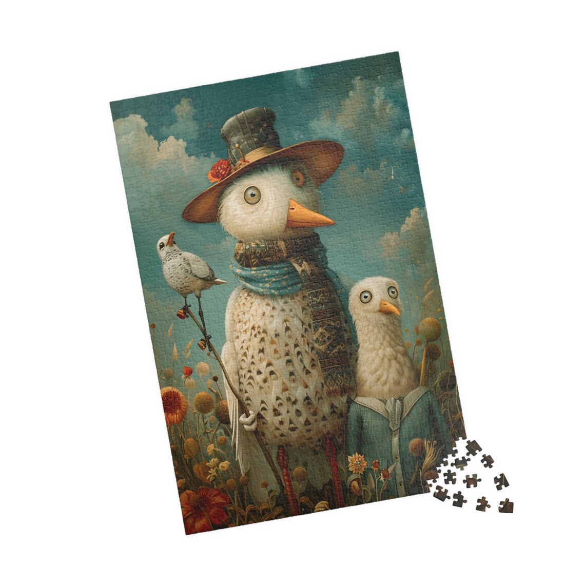 Whimsical Birds in Country Clothes in a Wildflower Meadow Scene Poster - Image 4