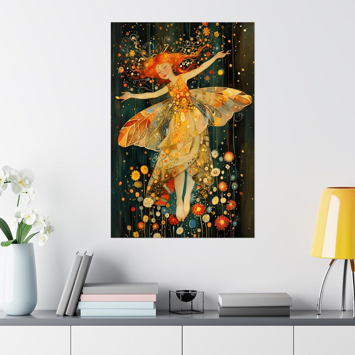 Red Haired Fairy Girl Dancing Joyfully Among Night Flowers Poster - Image 5