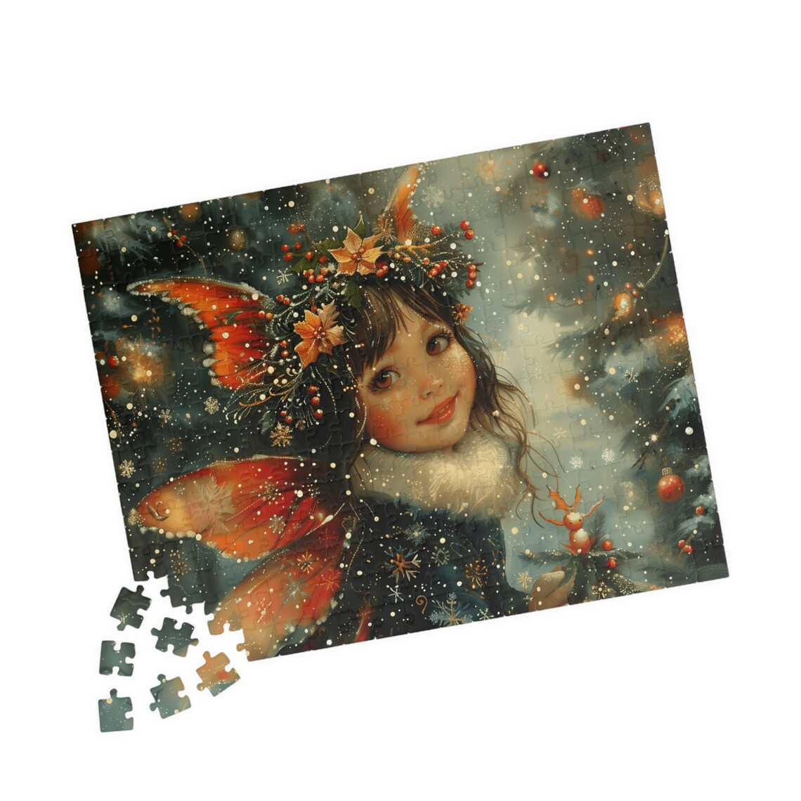 Little Christmas Fairy Girl with Red Wings in Snowy Night Poster - Image 4