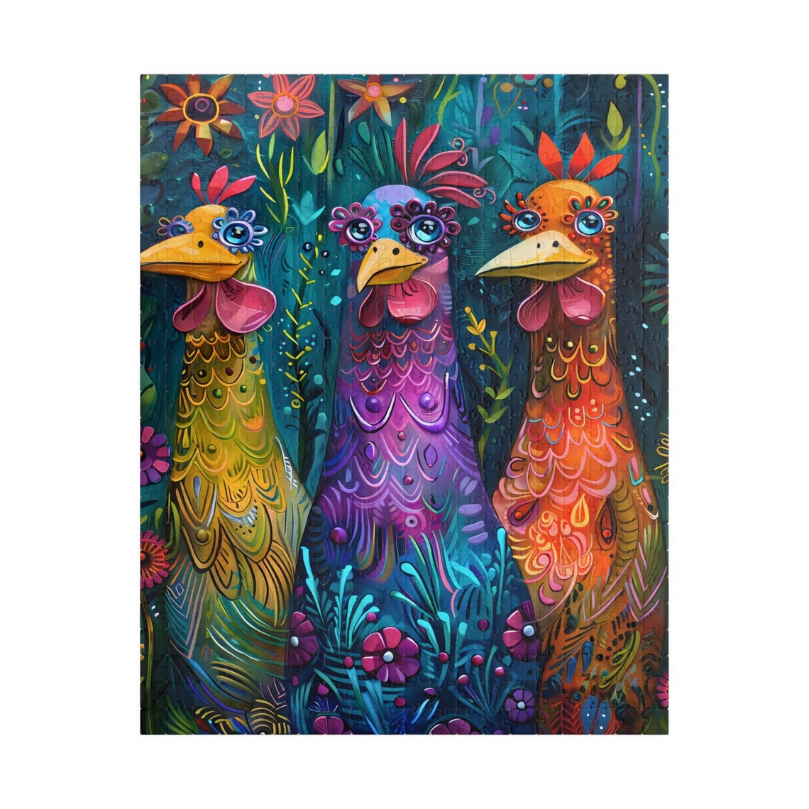 Three Fancy Whimsical Chickens With Jewel Tone Feathers Fun Art Poster - Image 5