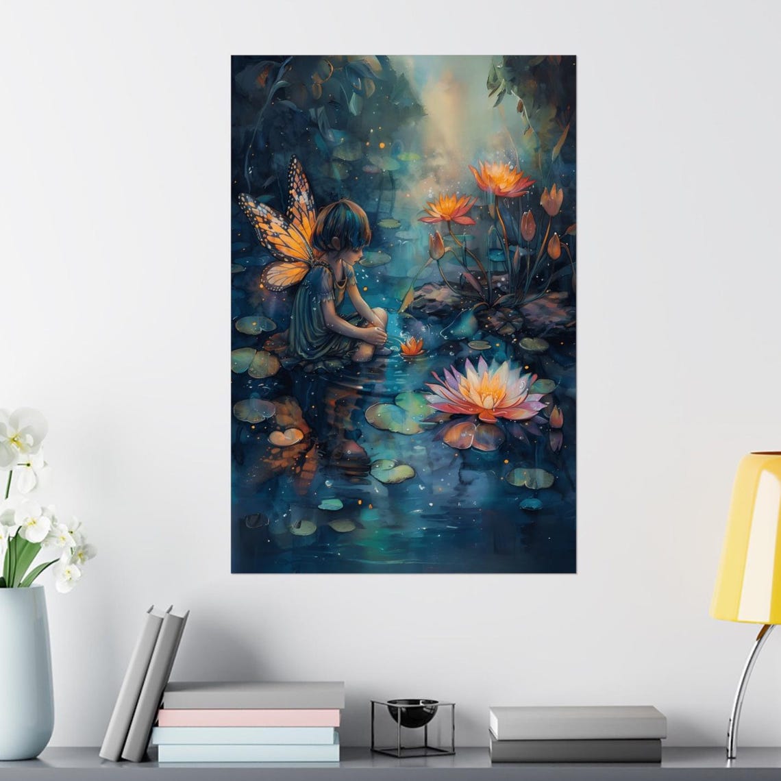 Water Lily Fairy Resting by a Moonlit Pond at Twilight Poster