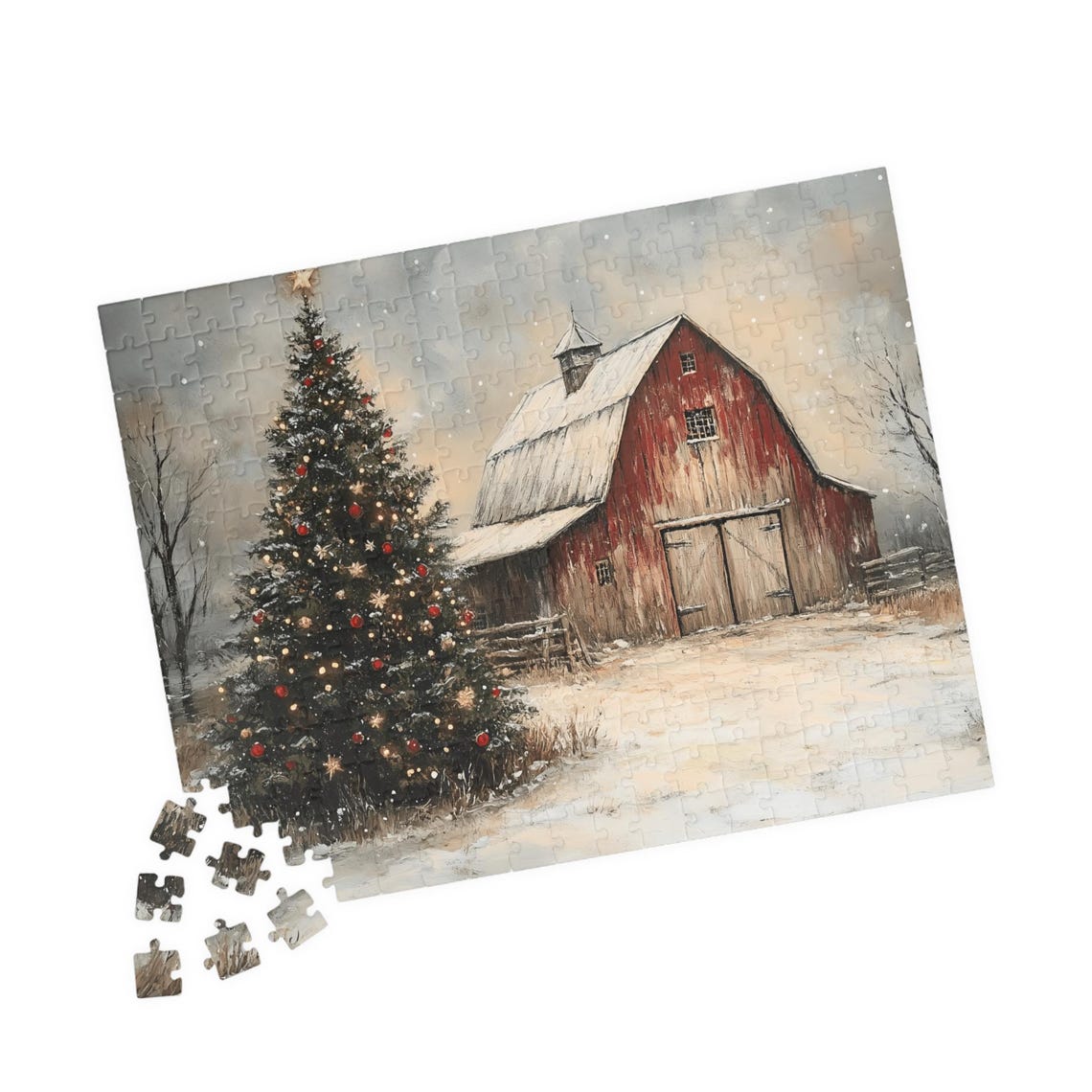 Red Barn With A Decorated Christmas Tree In A Snowy Field Art Print - Image 4