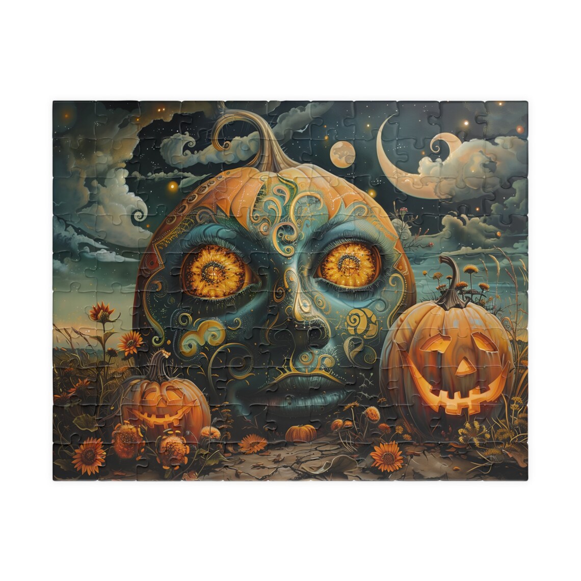 Dark Cottagecore Pumpkin With Ornate Painted Face Under Crescent Moon Poster - Image 5