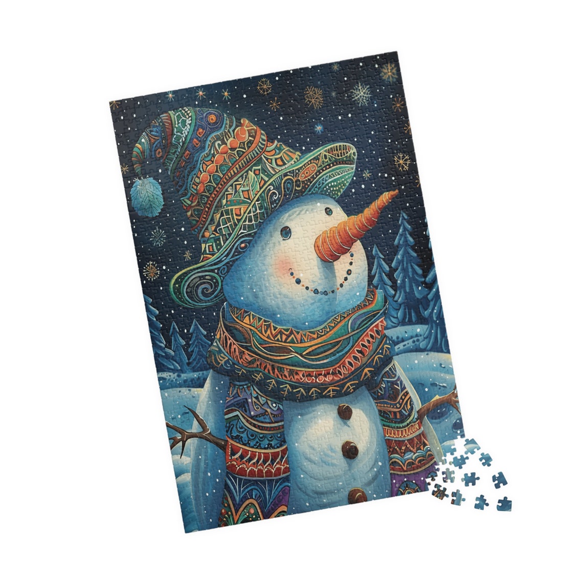 Whimsical Snowman in Ornate Winter Hat Under Starry Snowy Sky Poster - Image 4