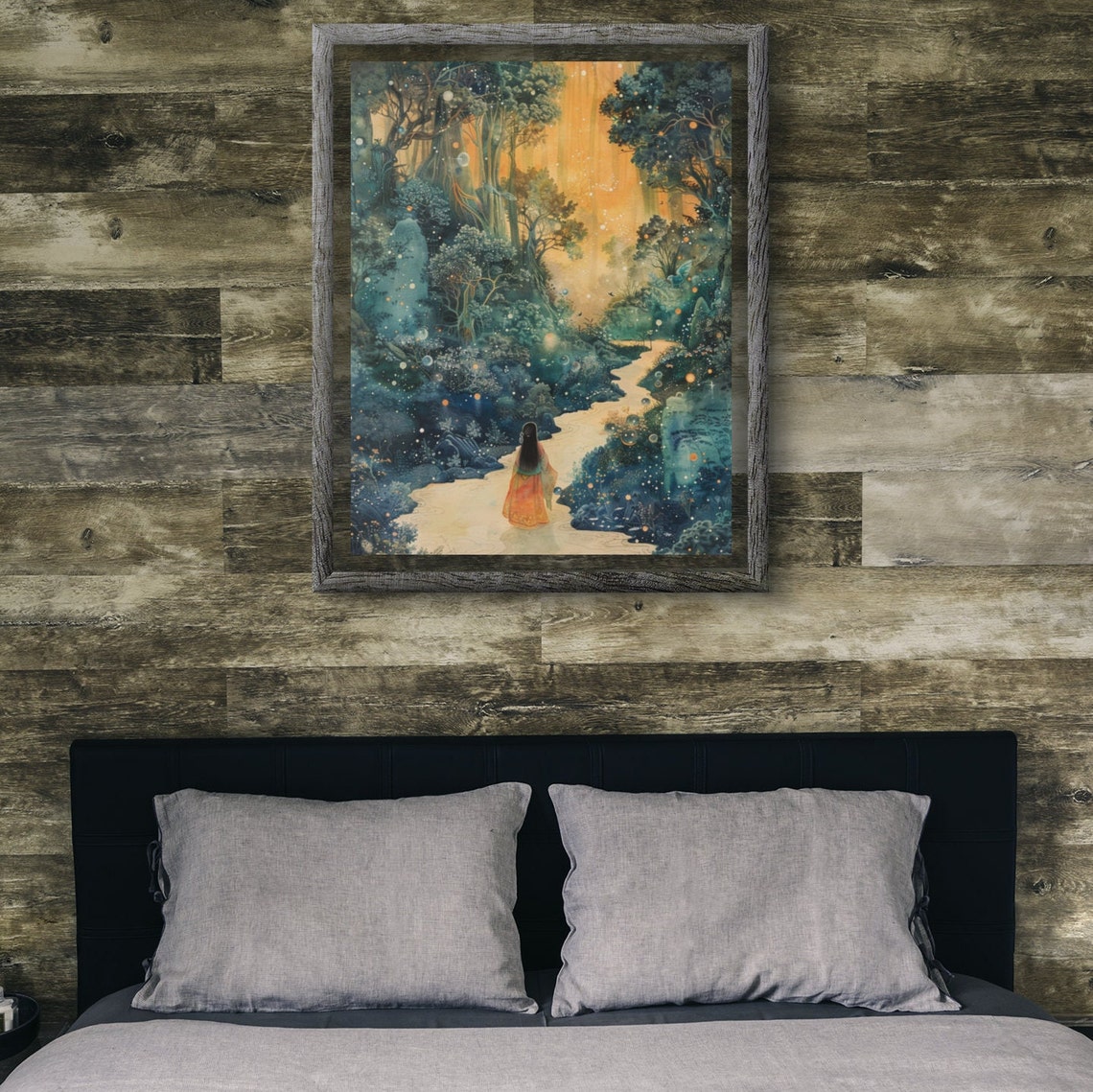 A Lonely Woman Walking Toward a Glowing Forest Light at Dusk Poster - Image 2