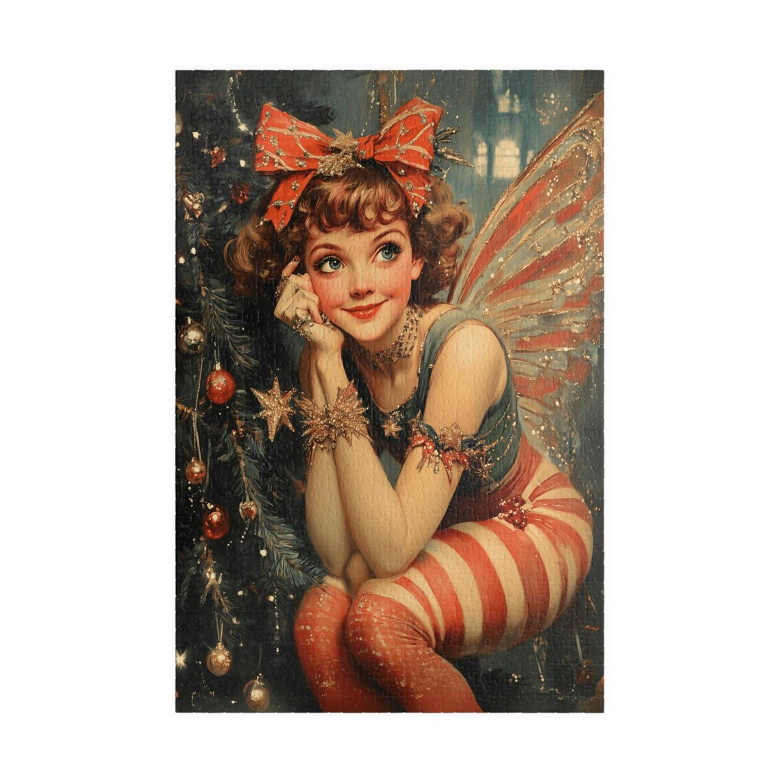 Vintage Christmas Fairy With Red Bow And Striped Stockings Poster - Image 3