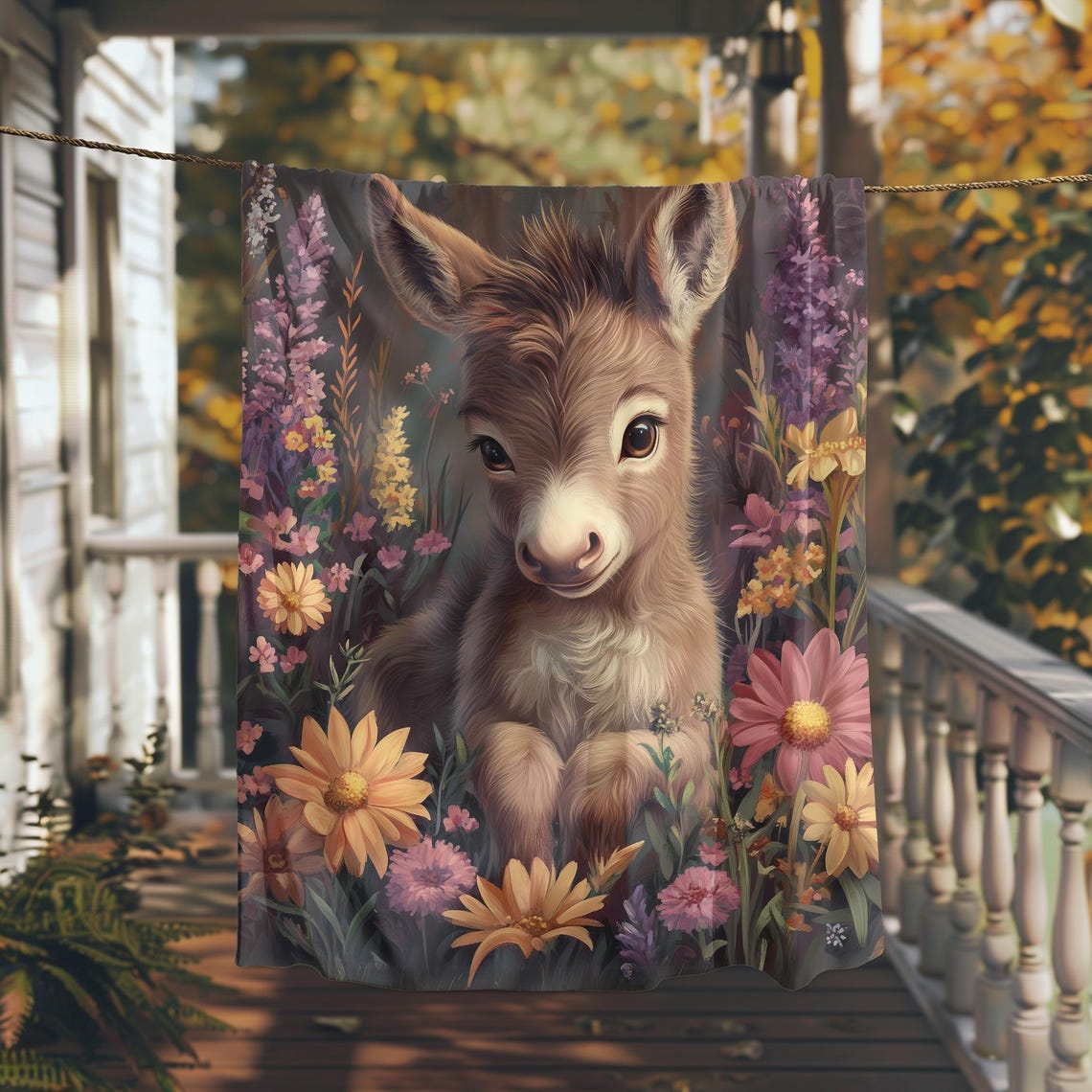 Adorable Baby Donkey Standing Among Colorful Wildflowers Poster
